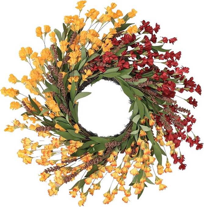 24'' Fall Wreaths for Front Door,Autumn Wreath,Fall Door Wreath,Spring Wreath,Fall Decorations for Home Window Wall Porch Farmhouse Wedding Home Decor Fall Wreath (Red+Orange+Light Orange)