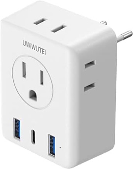 European travel Essentials Travel Adapter,UWIWUTEI Type c Travel Plug Adapter with 3 USB Ports (2 USB A & 1 USB C) and 4 AC Outlets, Type C Travel Adapter for US to Europe Iceland Spain Italy France
