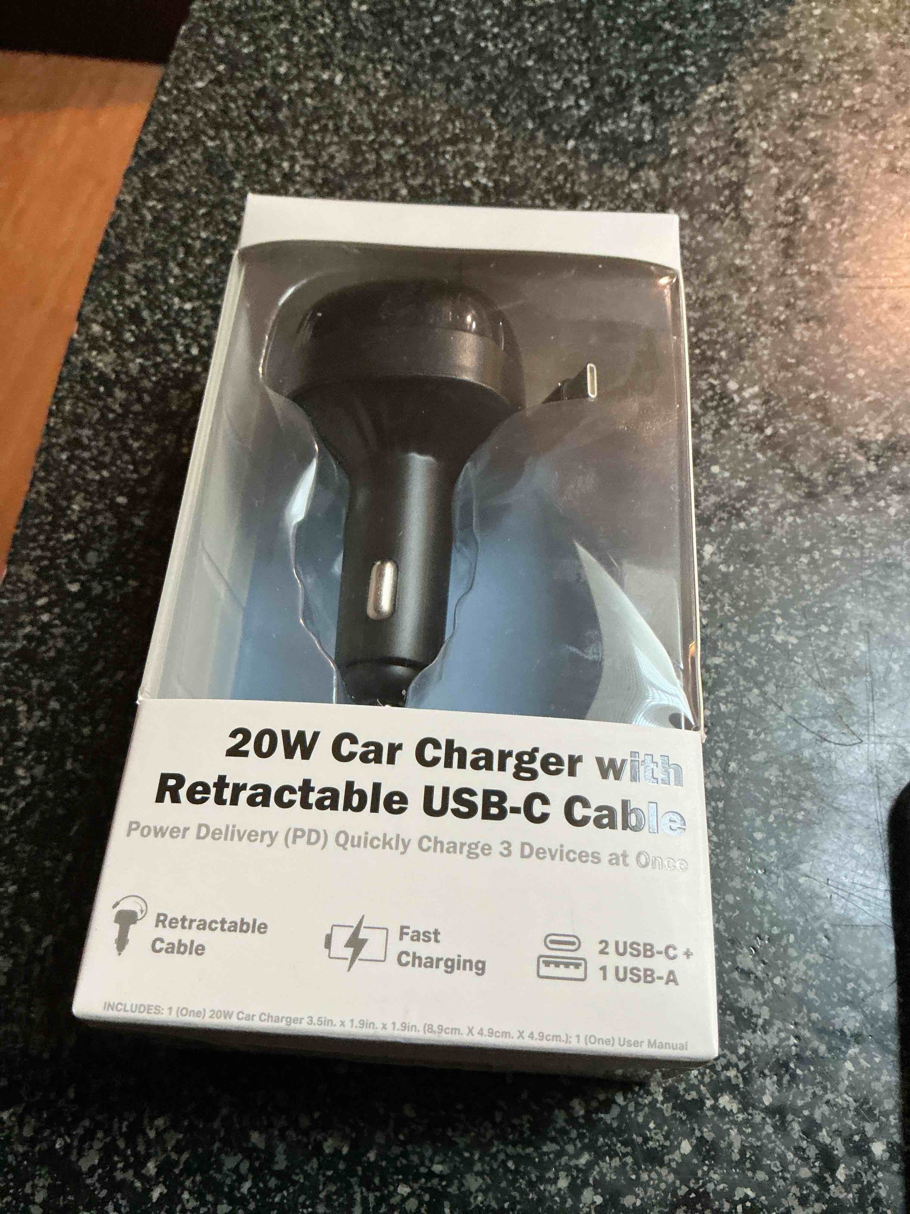 20 W Car Charger With Retractable USB -C Cable 