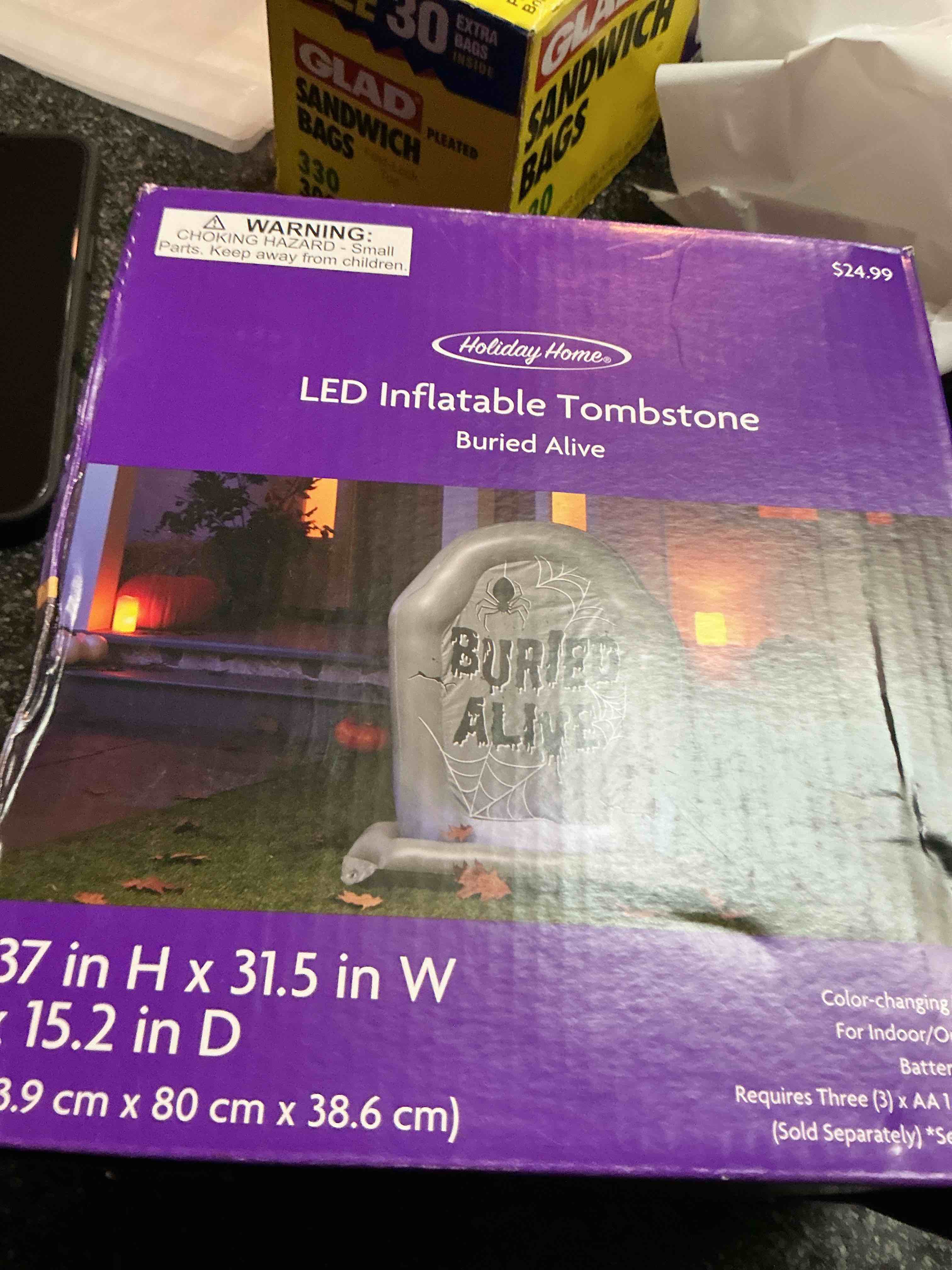 Holiday Home LED Inflatable Tombstone Buried Alive 37 “ High 31.5 “ Width 
