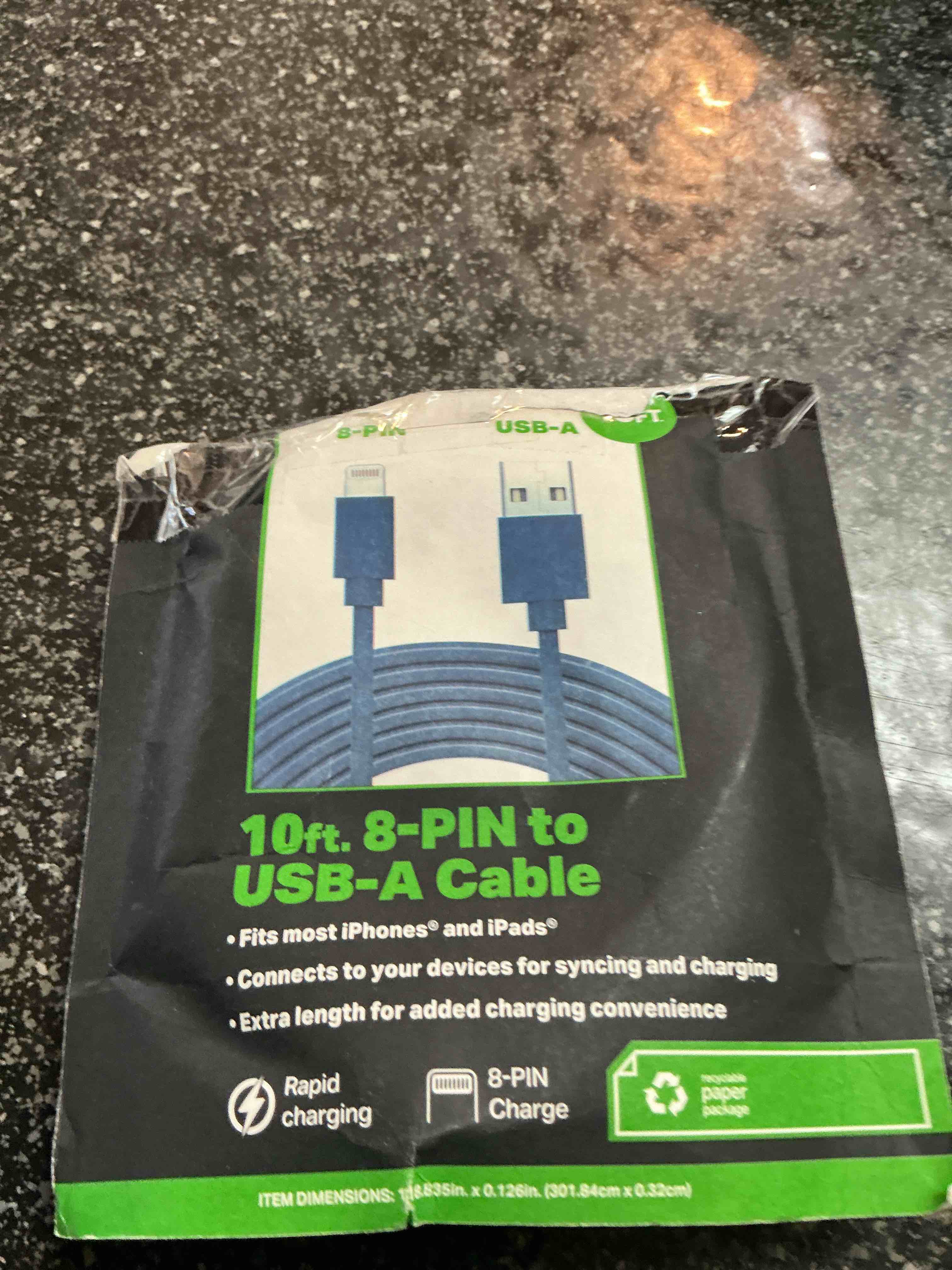 10 Ft. 8 Pin To USB-A Charging Cable Fits Most iPhone & iPods