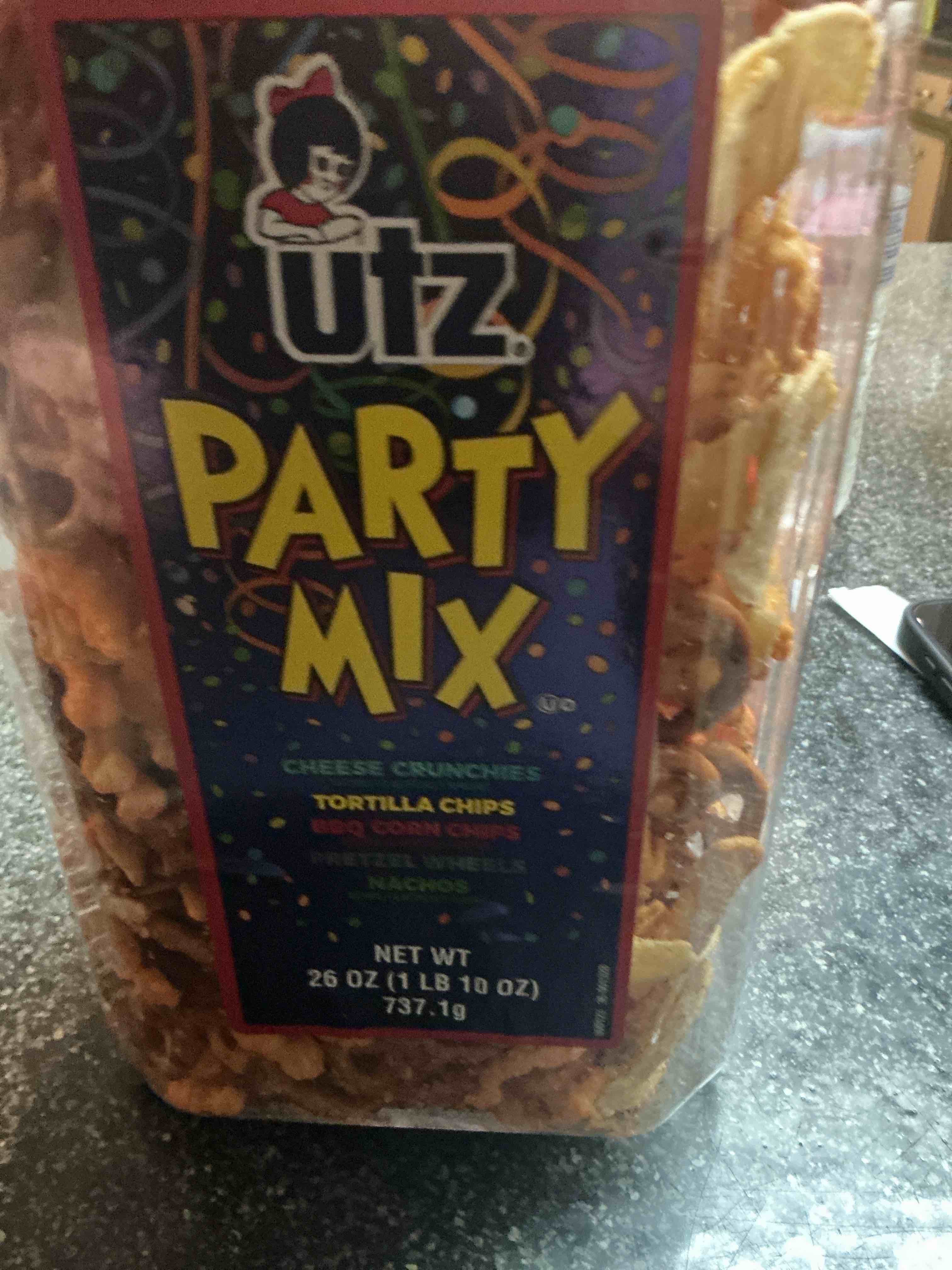 Utz Party Mix - 26 Ounce Barrel - Tasty Snack Mix Includes Corn/Nacho Tortillas, Pretzels, BBQ Corn Chips and Cheese Curls, Easy and Quick Party Snacks, Cholesterol Free and Trans-Fat Free