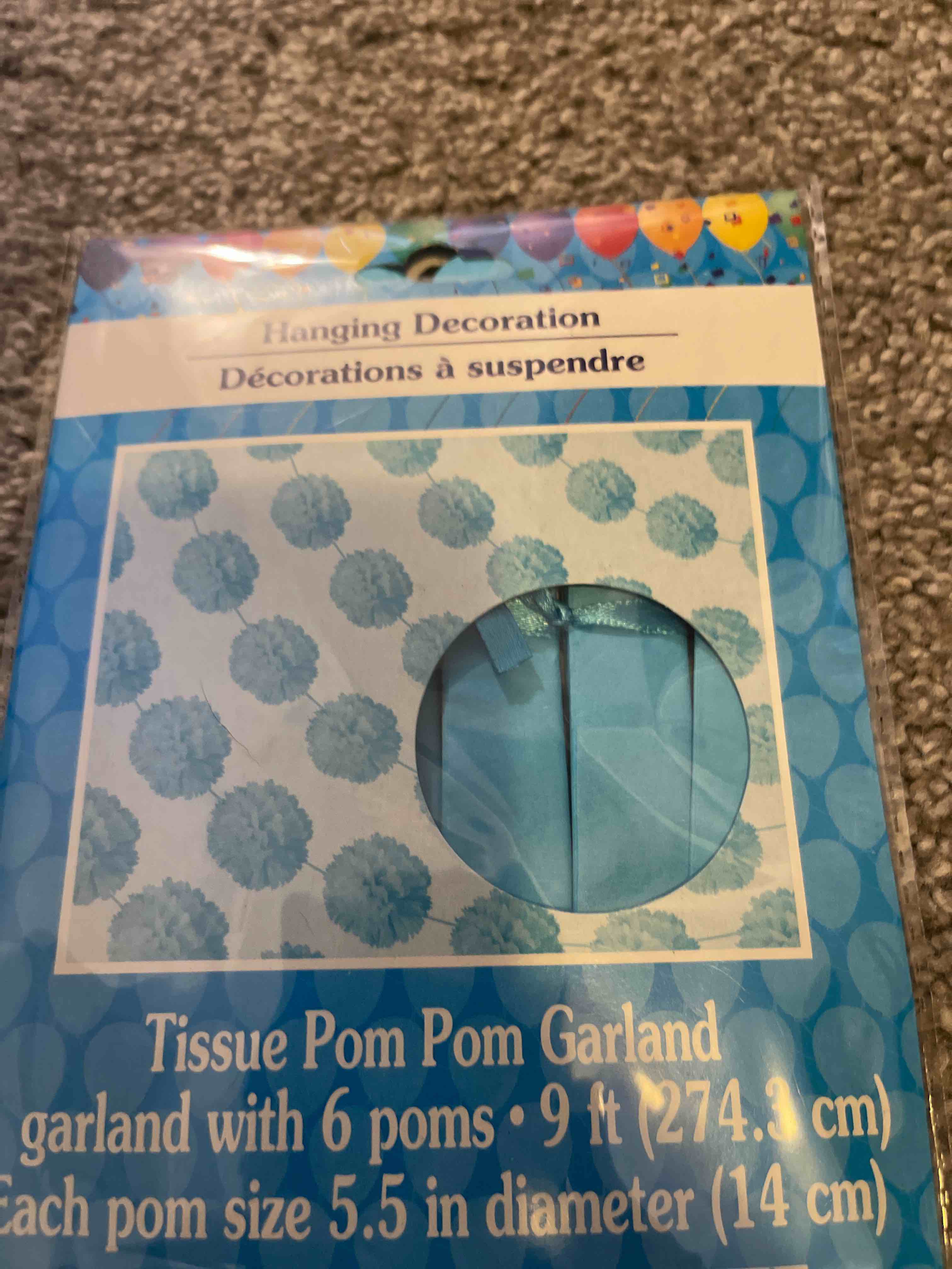 Tissue Pom Pom Hanging Decorations- 2 Packs - Aqua 9ft Each H6