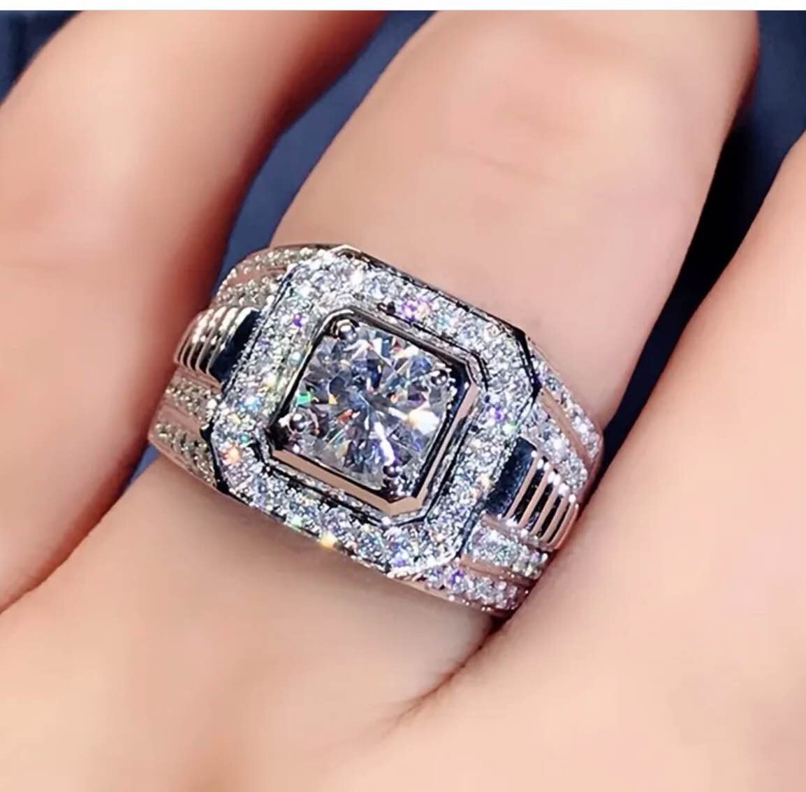 Luxury Men's Stainless Steel Ring with Sparkling White Synthetic Zirconia, Elegant Wedding & Party Jewelry for Valentine’s Day, Year-Round Wear