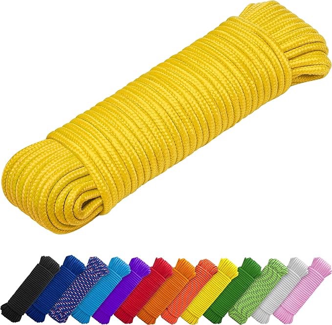 TECEUM Rope – 150 Feet x 1/4 Inch (7mm) – Yellow – Strong All-Purpose Utility Rope – Camping, Crafting, Flag Pole, Indoor & Outdoor – Polypropylene Nylon Poly Lightweight Diamond Braided Cord