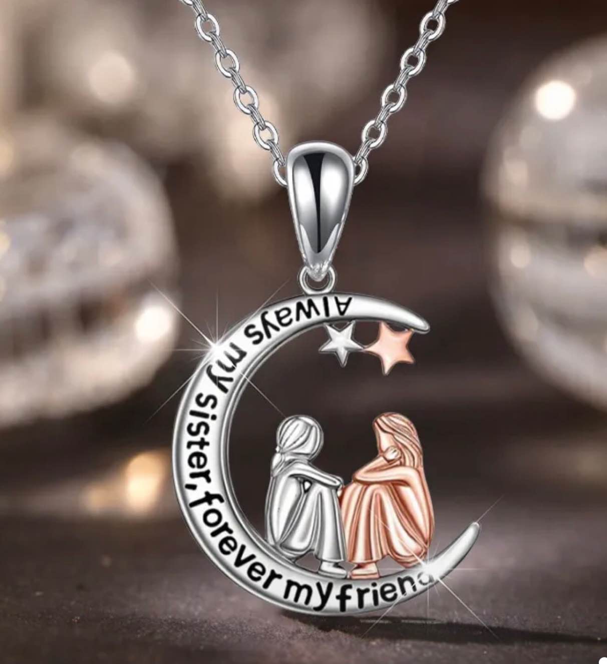 Sister Necklace - "Kul Iseem My Sister Forever My Friend" Heartfelt Gift, Alloy Star & Crescent Moon Pendant with Angel Charm, Elegant Party & Everyday Jewelry for Christmas Birthdays