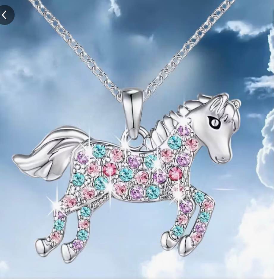 [Cute Horse Pendant] Elegant Sparkling Horse Pendant Necklace | Cute Animal Jewelry with Colorful Gemstones, White Golden-Plated Alloy, Birthday Graduation Christmas Gift for Women Teens 15+