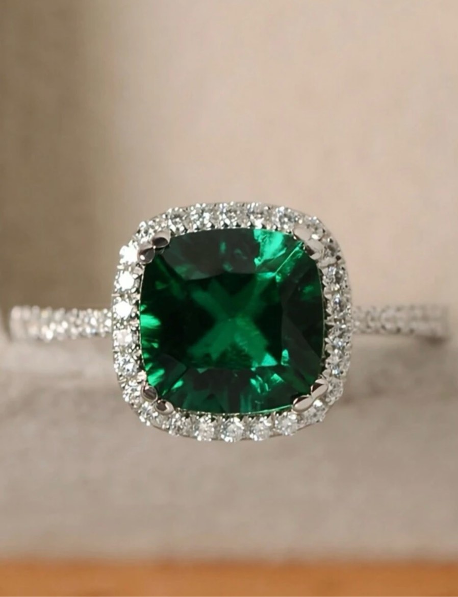 Square cut Emerald halo ring in silver setting ( Size 7)
