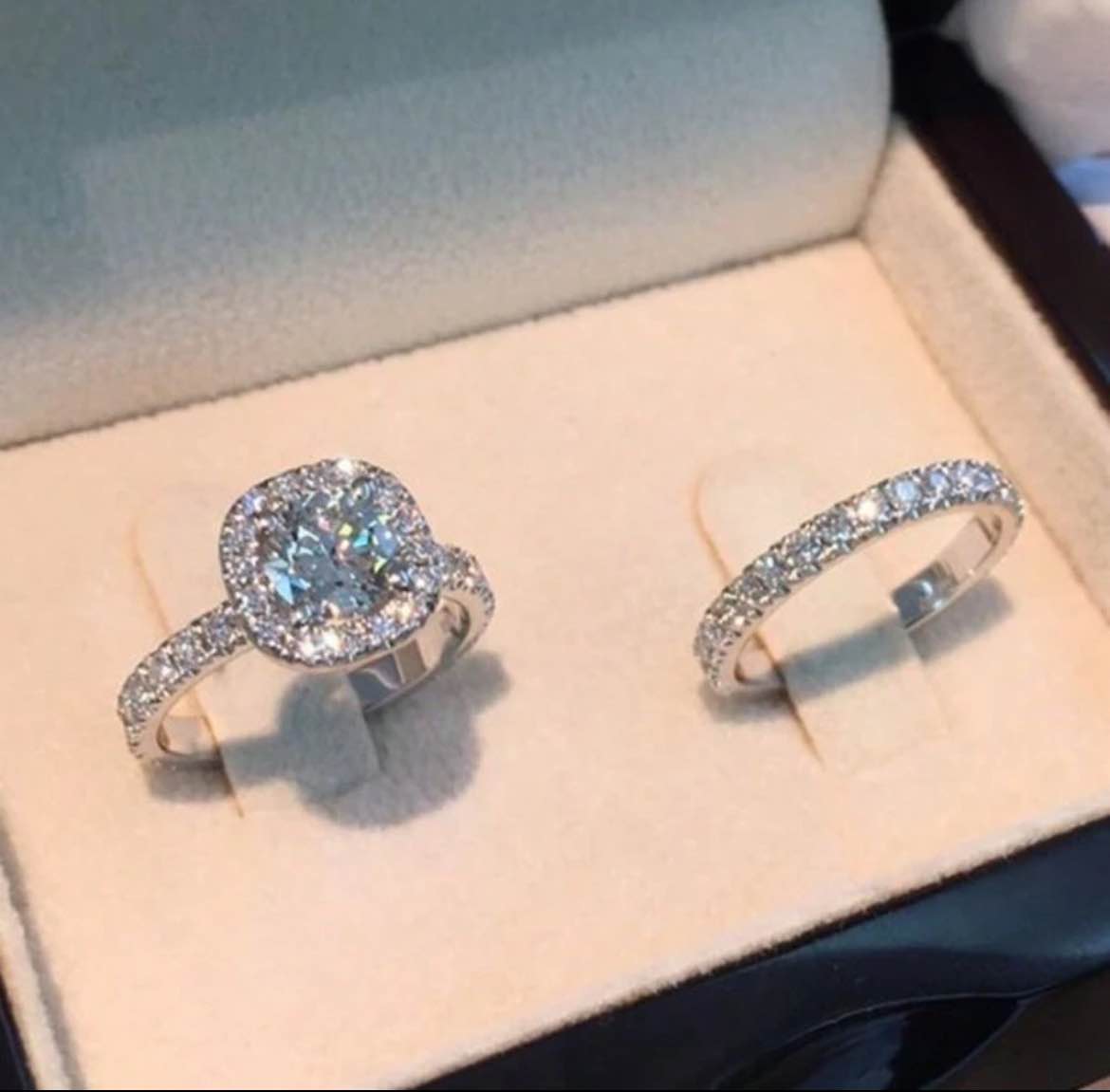 Square cut silver halo ring and wedding band set (Size 8)