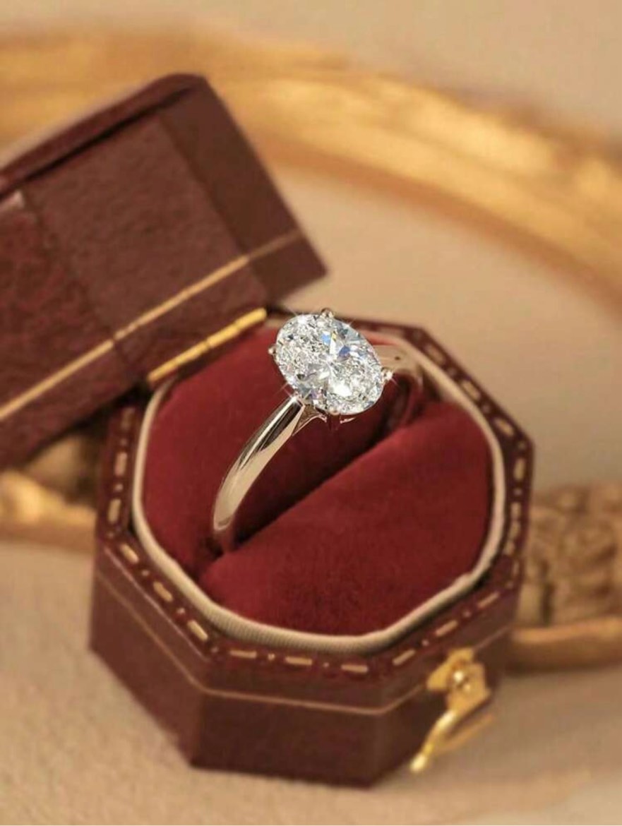 Oval solitaire silver ring with hidden halo (Size 8)