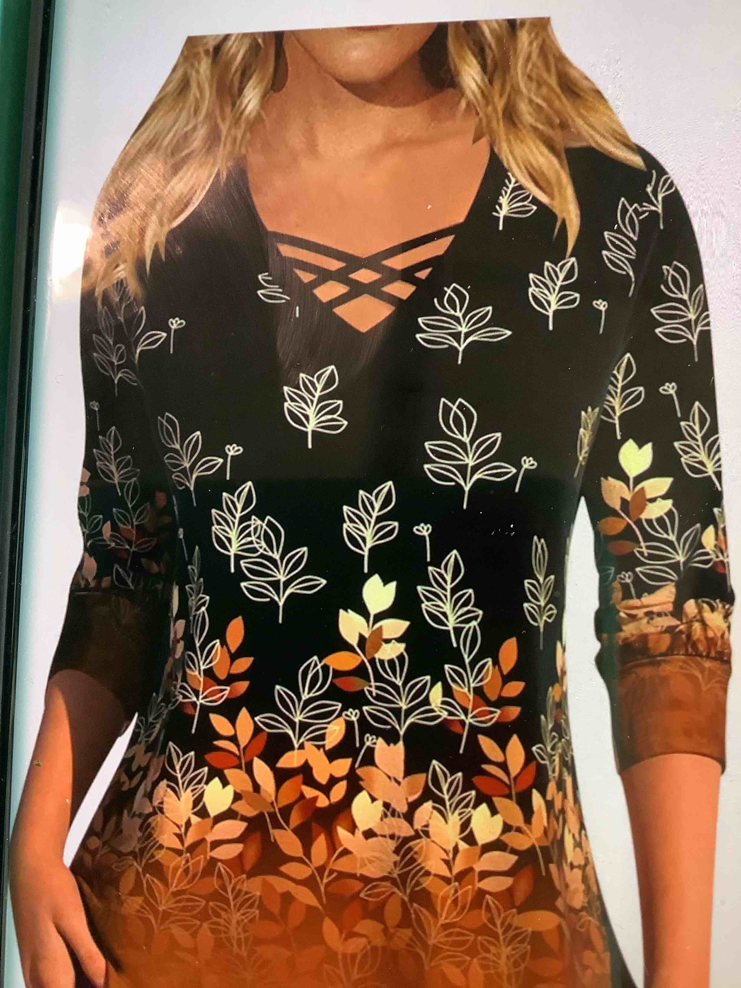 BeadChica Women's Large Casual Tunic Tops To Wear With Leggings Long Sleeve Floral Henley Blouses Botton Up Shirts-Print-L Black Leaves