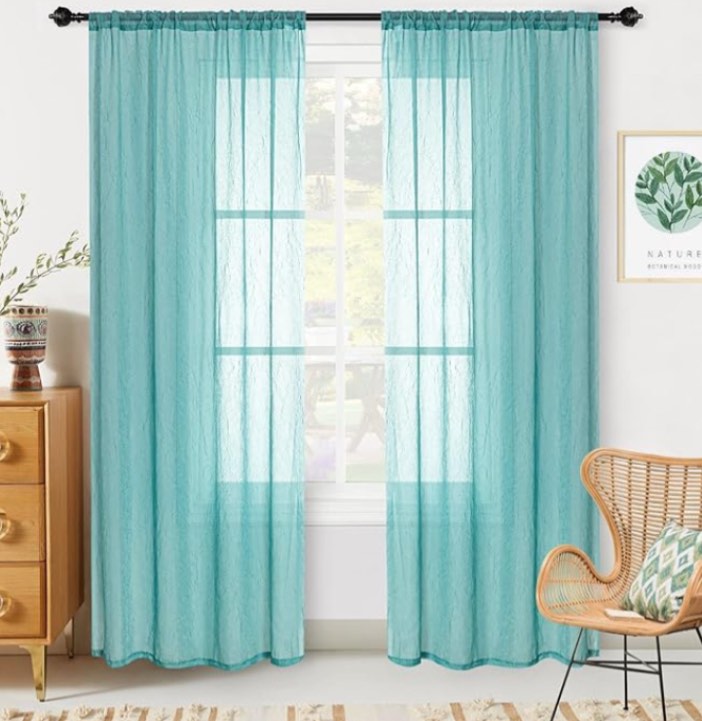 Room Essentials Crushed Voile Sheer Curtains for Living Room Rod Pocket Window Treatment Crinkle Sheer Curtains (2 Panels, 42" x 84", Teal)
