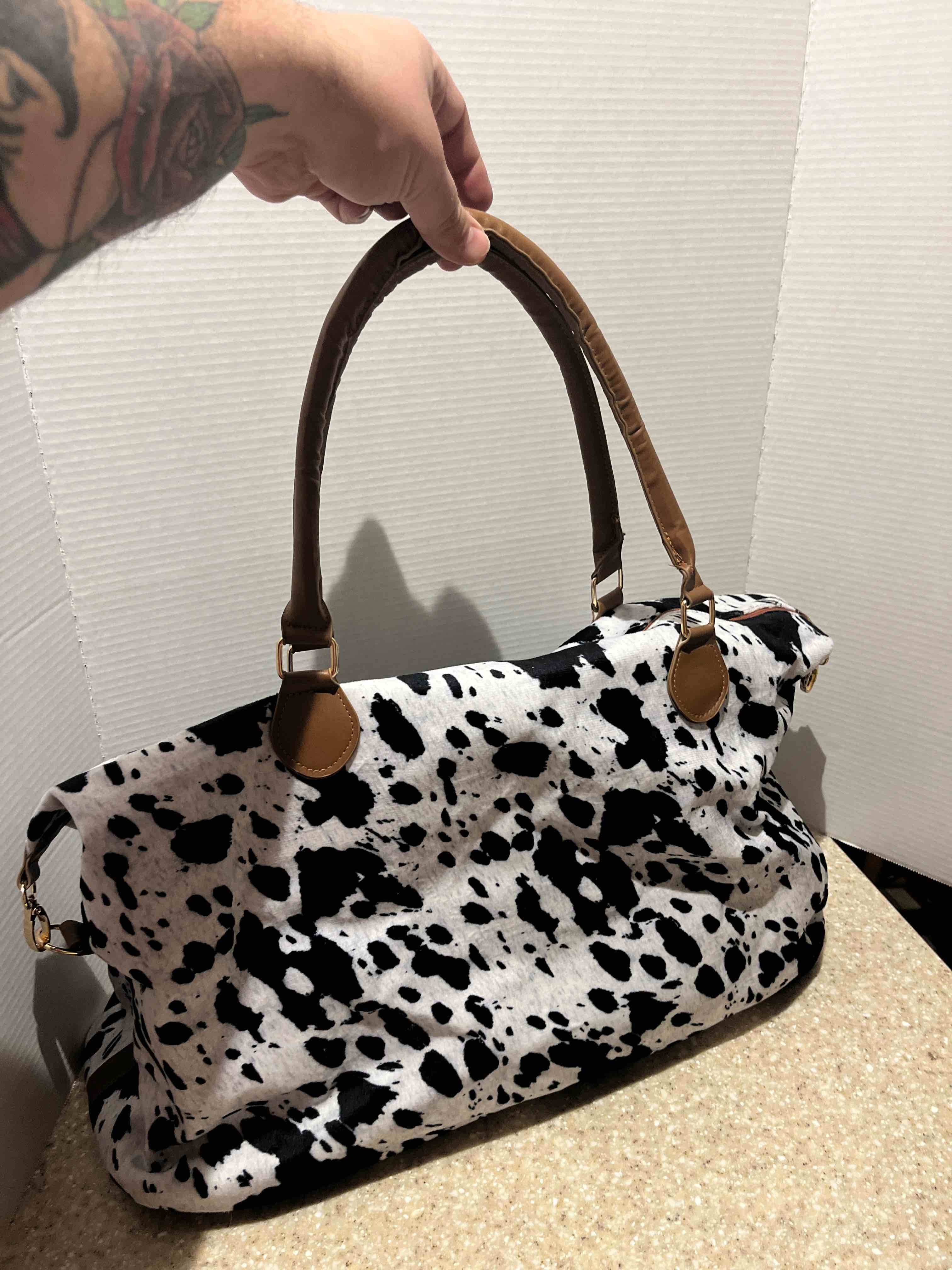 Weekender Duffle Bag New Faux Cow Hide w/ Gold Hardware 