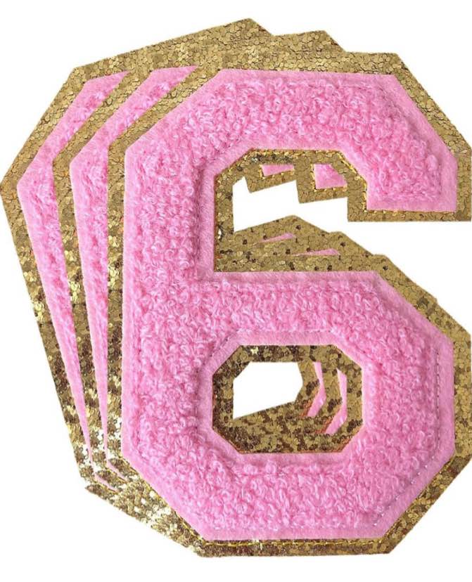 3Pcs Chenille Number Patch Pink Glitter Iron on Patches Varsity Letter Patches Chenille Embroidered Patches Sew On Patches for Clothing Hat Bags Jackets Shirt (Pink, 6)