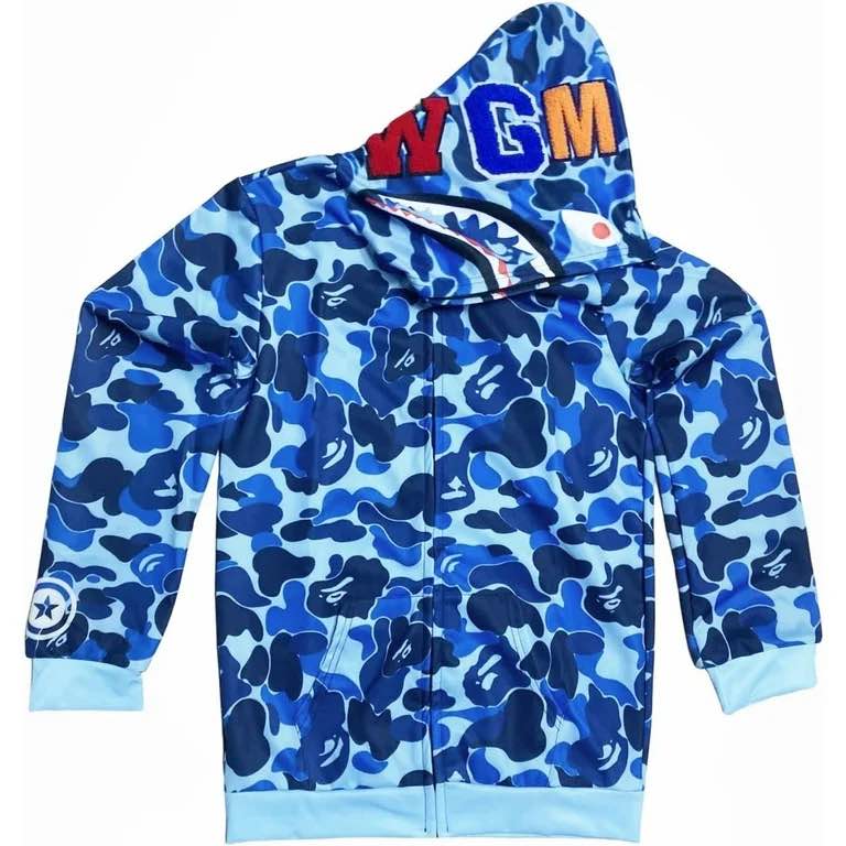 Men Bape Hoodie Hooded Shark Sweatshirt Blue size Medium 