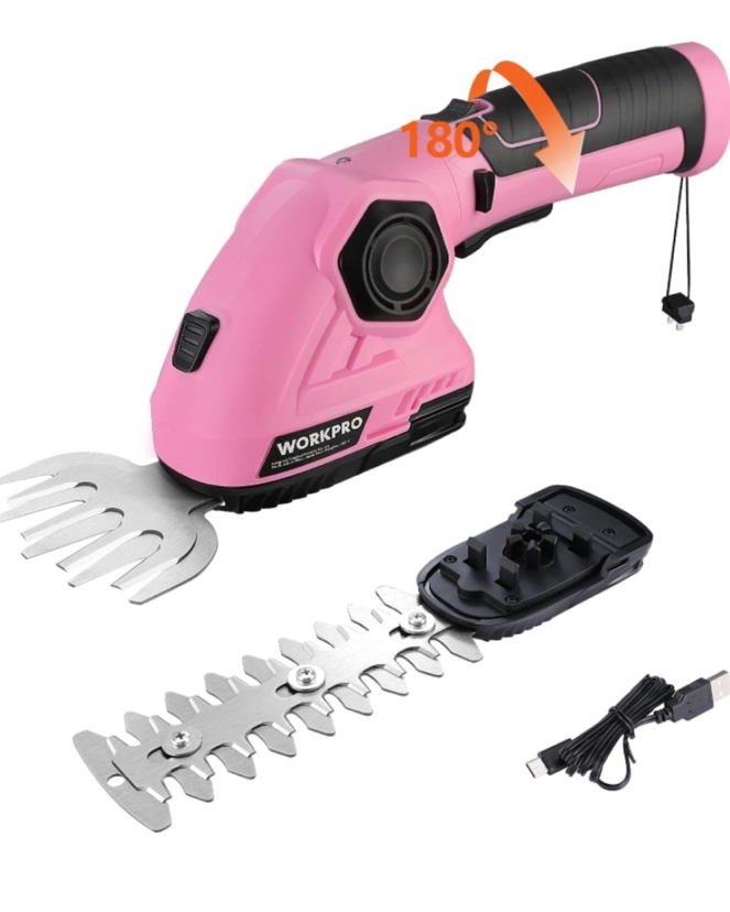 WORKPRO Pink Cordless Grass Shear & Shrubbery Trimmer - 2 in 1 Handheld Hedge Trimmer 7.2V Electric Grass Trimmer Hedge Shears/Grass Cutter 2.0Ah Rechargeable Lithium-Ion Battery - Pink Ribbon