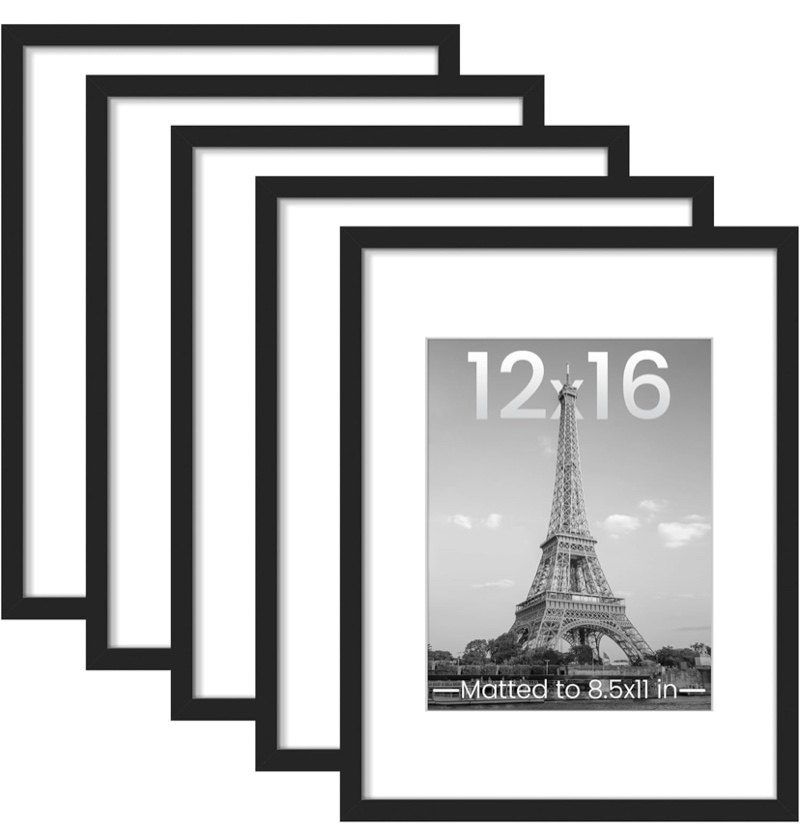 upsimples 12x16 Picture Frame Set of 5, Display Pictures 8.5x11 with Mat or 12x16 Without Mat, Wall Gallery Photo Frames, Black