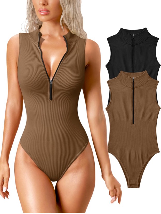 Size Large MOLERFO Women?s 2 Piece Bodysuits Sexy Ribbed Stretch Sleeveless Zip Front Bodysuits