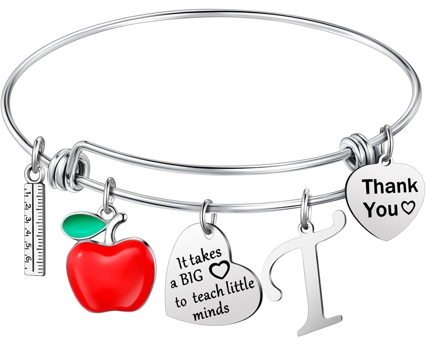 MTLEE Teacher Appreciation Gifts for Women Teacher Bracelet Bangle Gift, Graduation Teacher Thank You Keychain with Initial