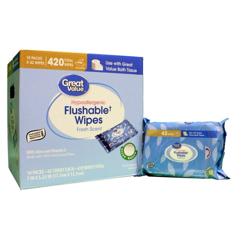 (1 count of 42 wipes) Great Value Hypoallergenic Flushable Wipes
