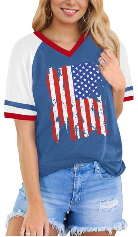 (X-Large) Spadehill 4th of July Women's V Neck USA Flag T Shirts