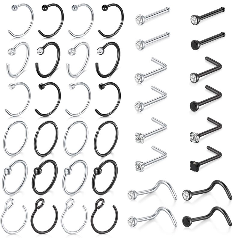 MODRSA 18G Nose Rings Hoop Nose Ring Surgical Stainless Steel Nose Rings Studs Screw L Shaped Nose Stud Nose Piercing Jewelry for Women Silver Black Nose Rings