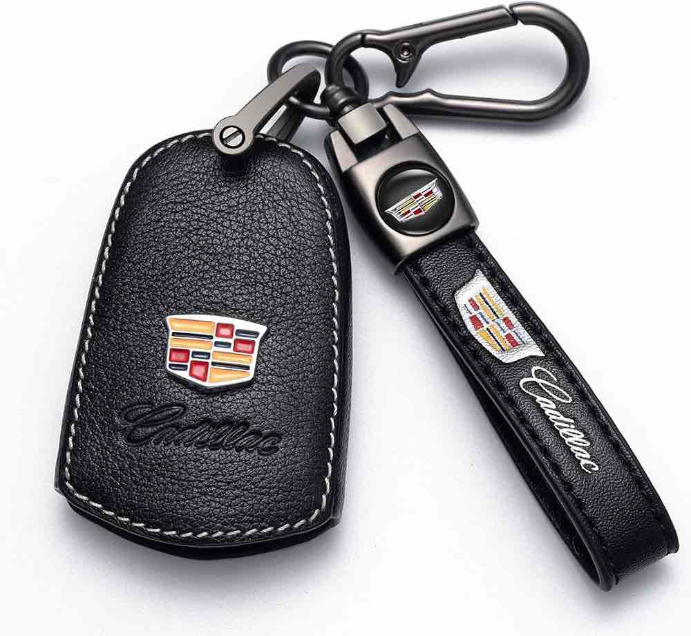 MAKEER Leather Key Case Key fob Holder,Key fob Cover Replacement for 2019 2018 2017 2016 2015 Cadillac Escalade SRX Escalade Esv Protective Remote Key
