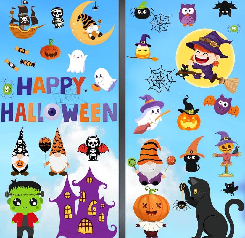 Halloween Window Clings for Glass Windows Decorations Cute Reusable - 110 Pcs Double Sided Halloween Window Stickers Decals Decor Kids, Indoor Halloweens Decoration Home Mirror Glass Door Clings Halloween Window Clings Decorations