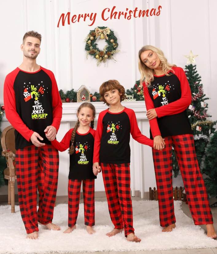(Youth 12-14) JAXUH Christmas Pajamas for Family, Holiday Matching Christmas Pjs, Cute Printed Xmas Sleepwear Youth 12-14 Years Ho Ho Ho