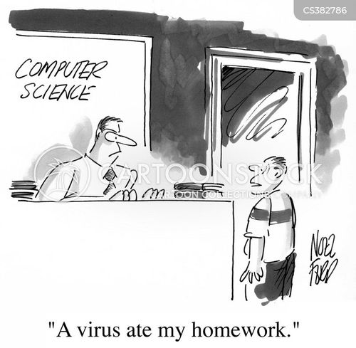 the dog ate my homework cartoon with computer and the caption "A virus ate my homework." by Noel Ford