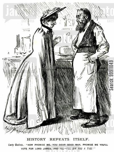 bribes cartoon humor: Woman offering to kiss a man if he votes for Lord James
