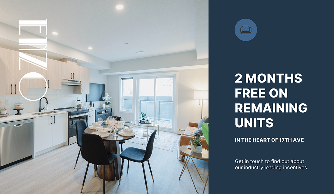Modern kitchen and dining area at Enzo on 17th featuring contemporary finishes and bright open-concept design with a promotional banner offering two months free on remaining units in Calgary’s 17th Ave SW apartments.
