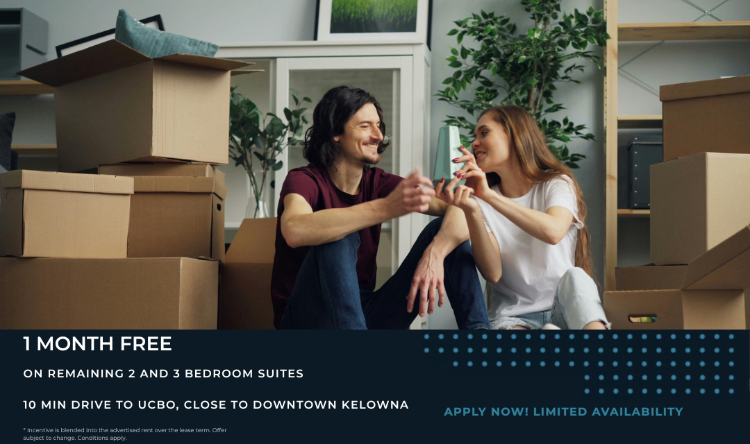Modern rental apartment at Central Kelowna featuring a couple moving in, advertising 1 month free on remaining 2 and 3 bedroom suites near downtown Kelowna and UBC Okanagan.