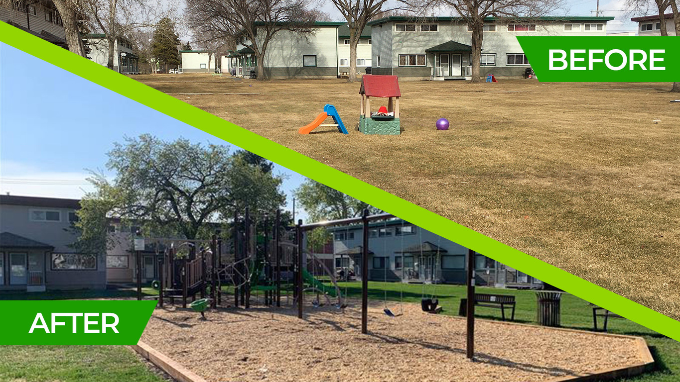 Our townhomes for rent, Delton Townhomes in Edmonton, shown before greenspace renovations, and after the children’s playground installation at this multi-family residential complex. 