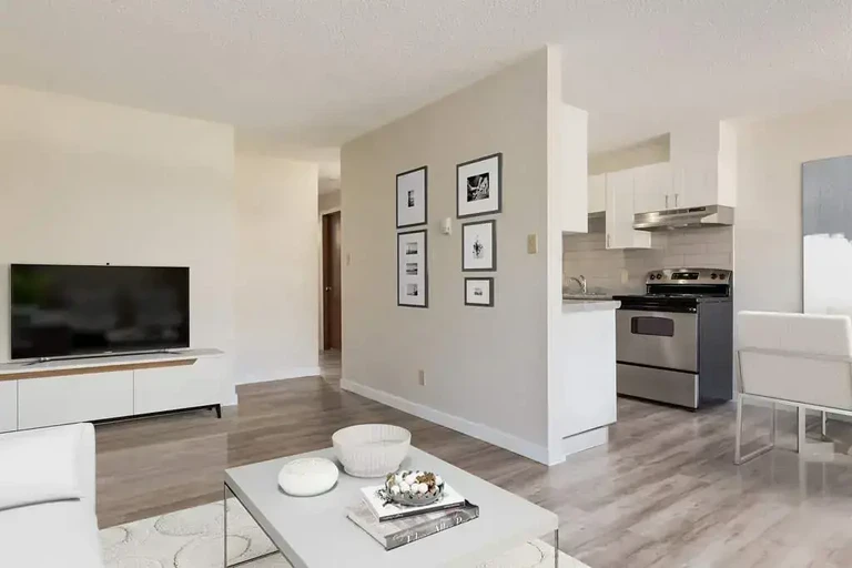 Open kitchen design connected to living space at Casa Linda in Medicine Hat.