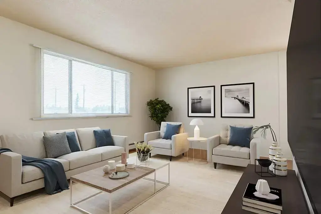 Spacious living room at Allen Manor in Edmonton. 