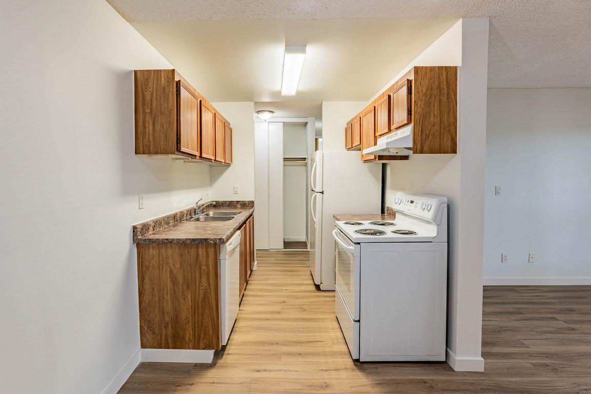 Galley style kitchen at Christopher County in Edmonton.