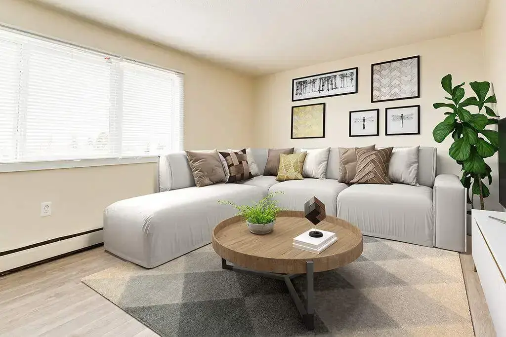 Inviting living room space at Cloverdale Apartments in Edmonton.