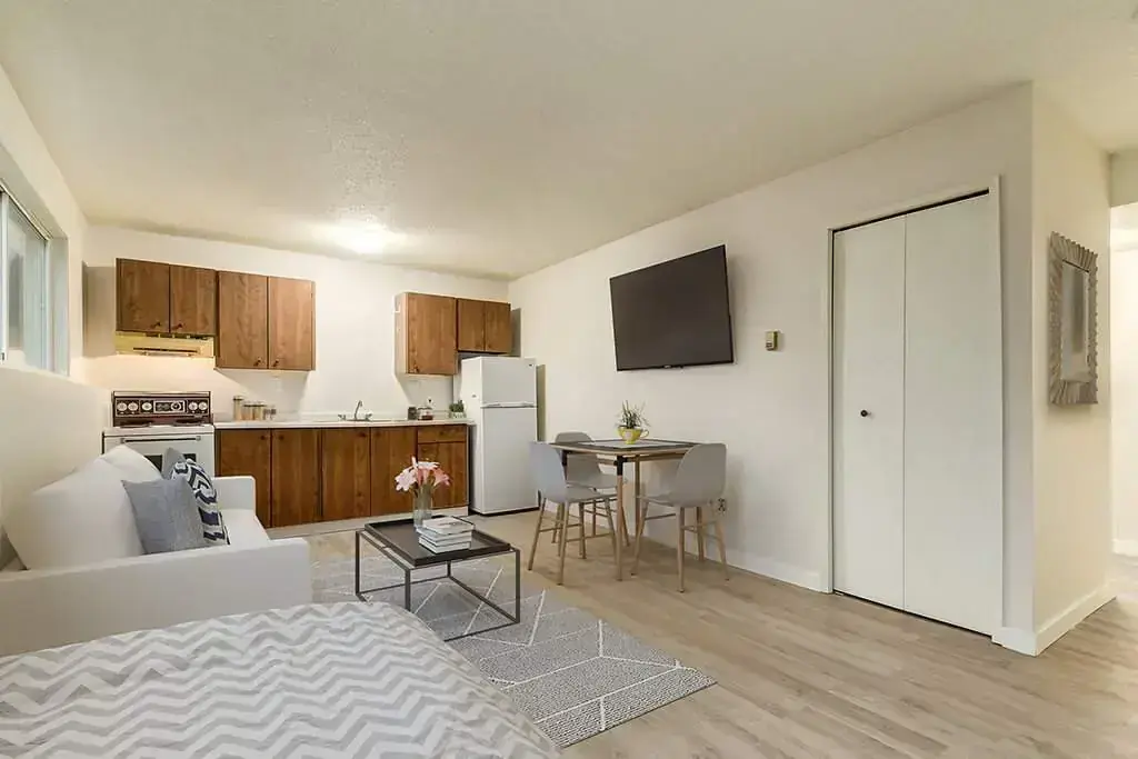 Bachelor apartments at Well-equipped kitchen at Cliff Manor Apartments in Lloydminster. 