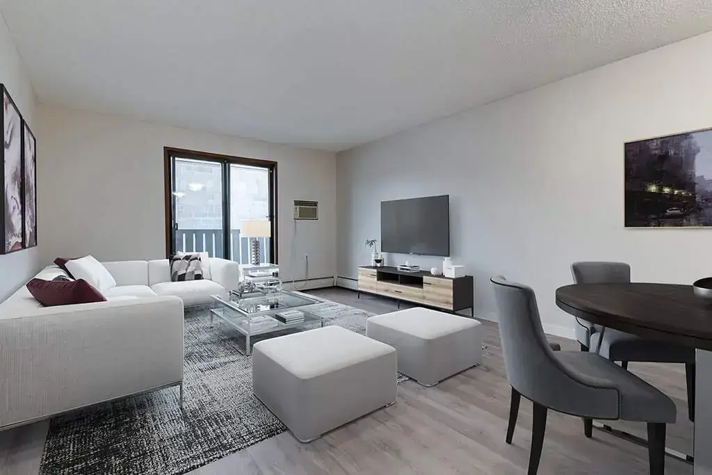 Inviting living room space at Avenue Living apartments in Regina.