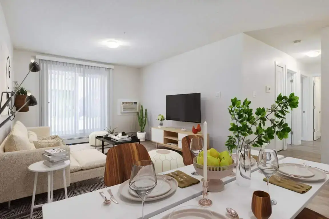 Open-concept living room and dining area at Arbor Green in Saskatoon.