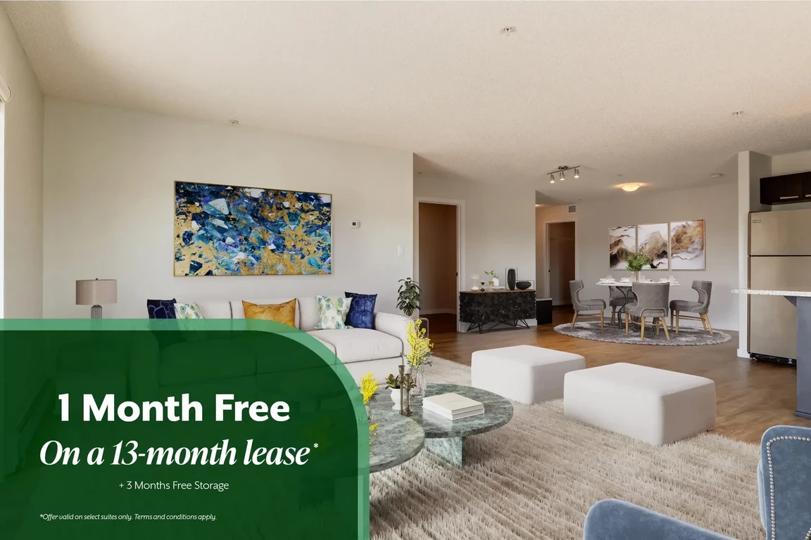 Bright living room with large windows at Avalon Court in Edmonton.