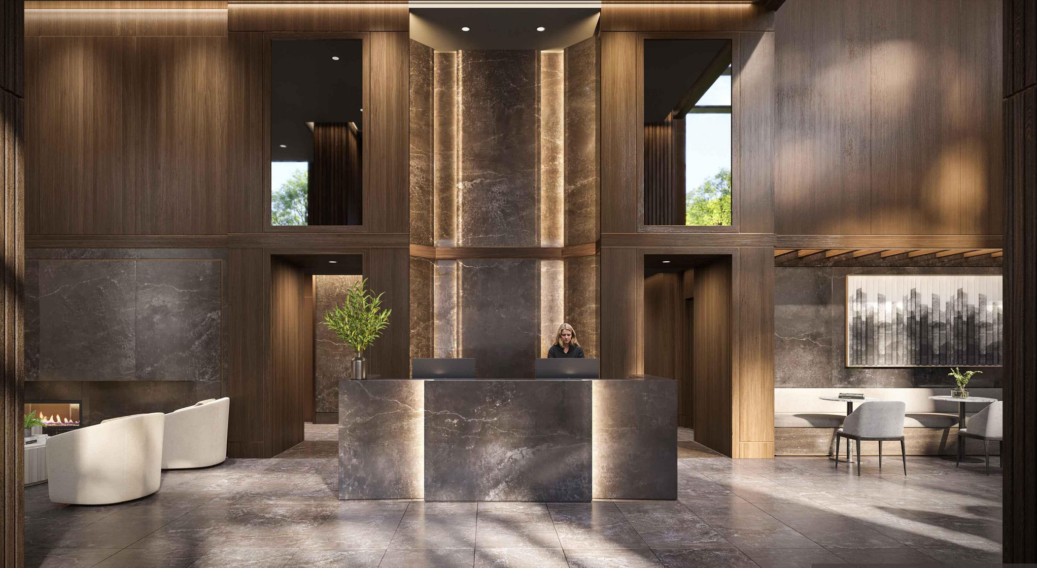 Luxurious view of the lobby of a building.