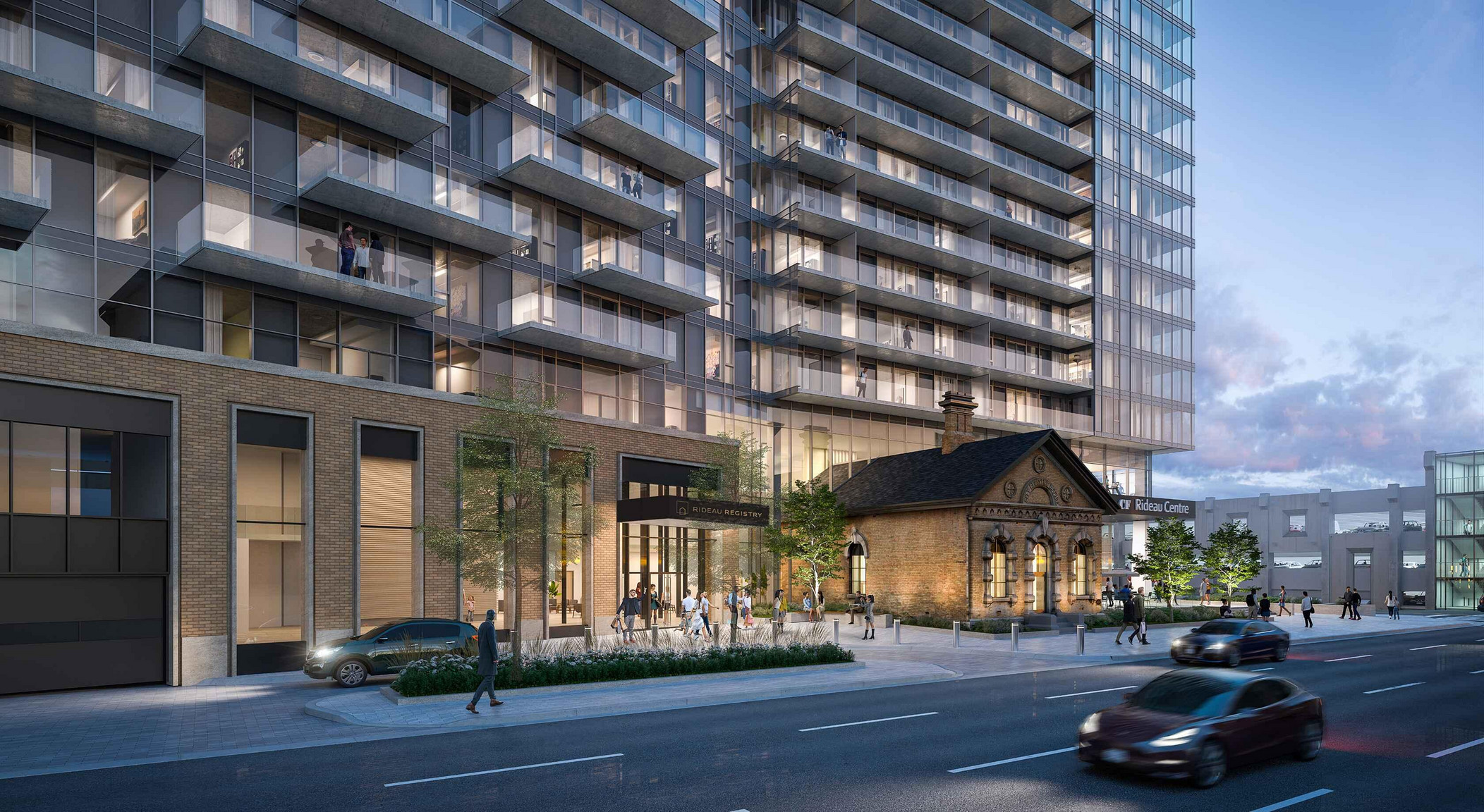 Exterior view of luxurious apartment building.