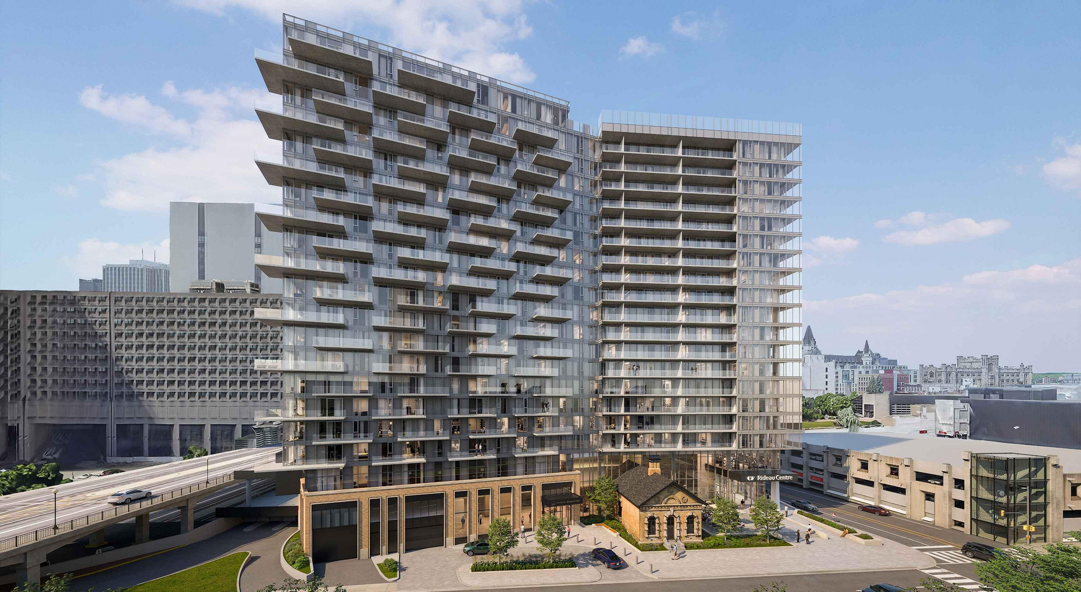 Exterior view of apartment building and the surrounding area.