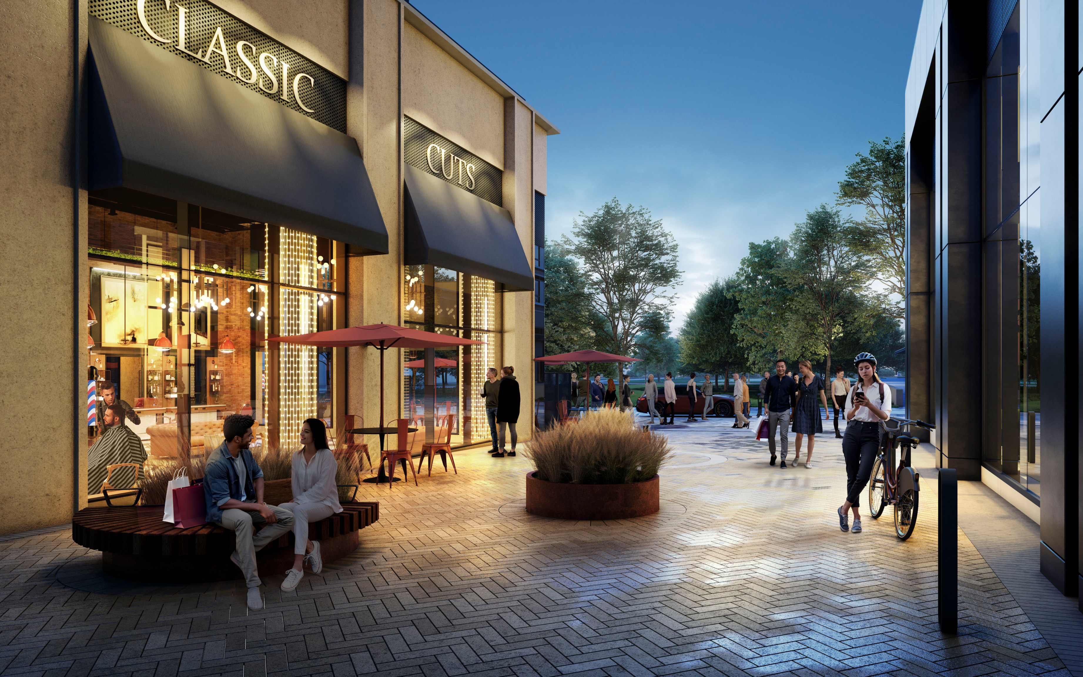 Pedestrian-friendly retail promenade at dusk
