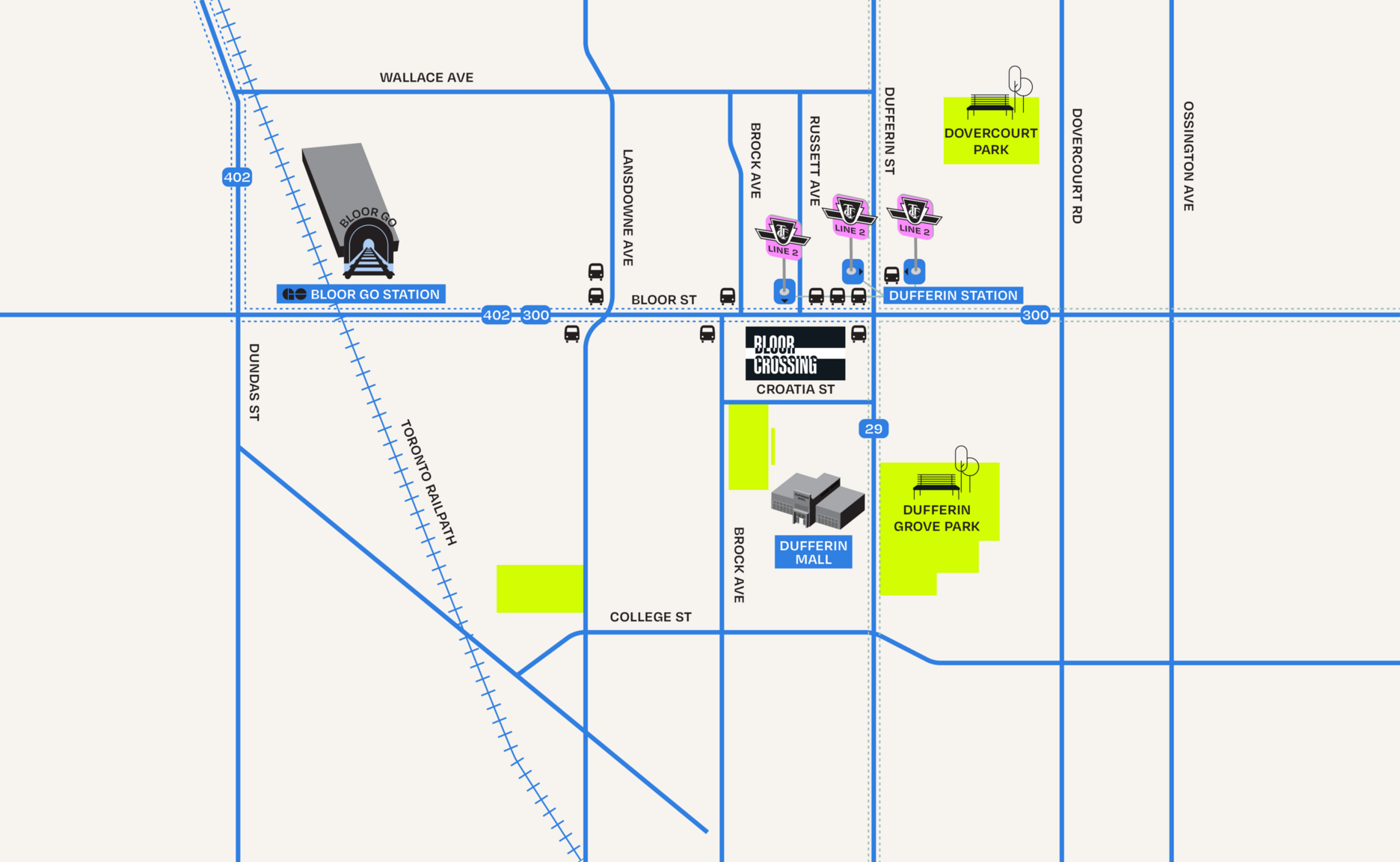 Neighbourhood map showing Bloor Crossing's location near transit, parks, and local amenities