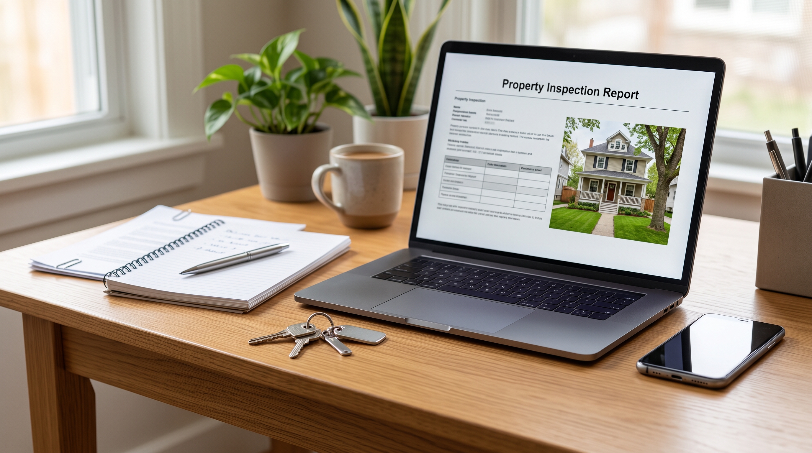 Laptop displaying a rental property report beside house keys on a remote owner's desk