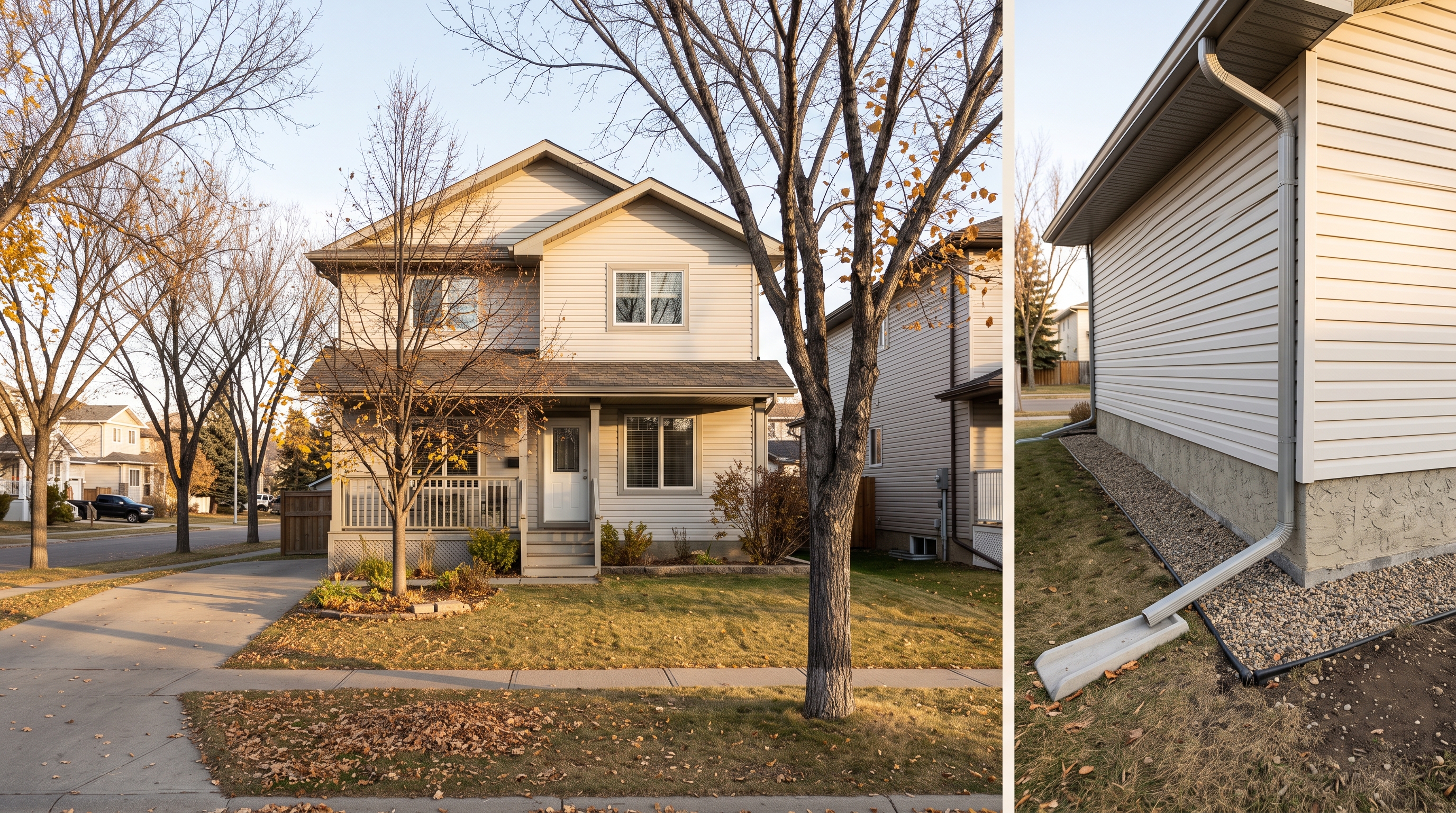 Well-maintained Edmonton rental house in late autumn with clear drainage beside the foundation.