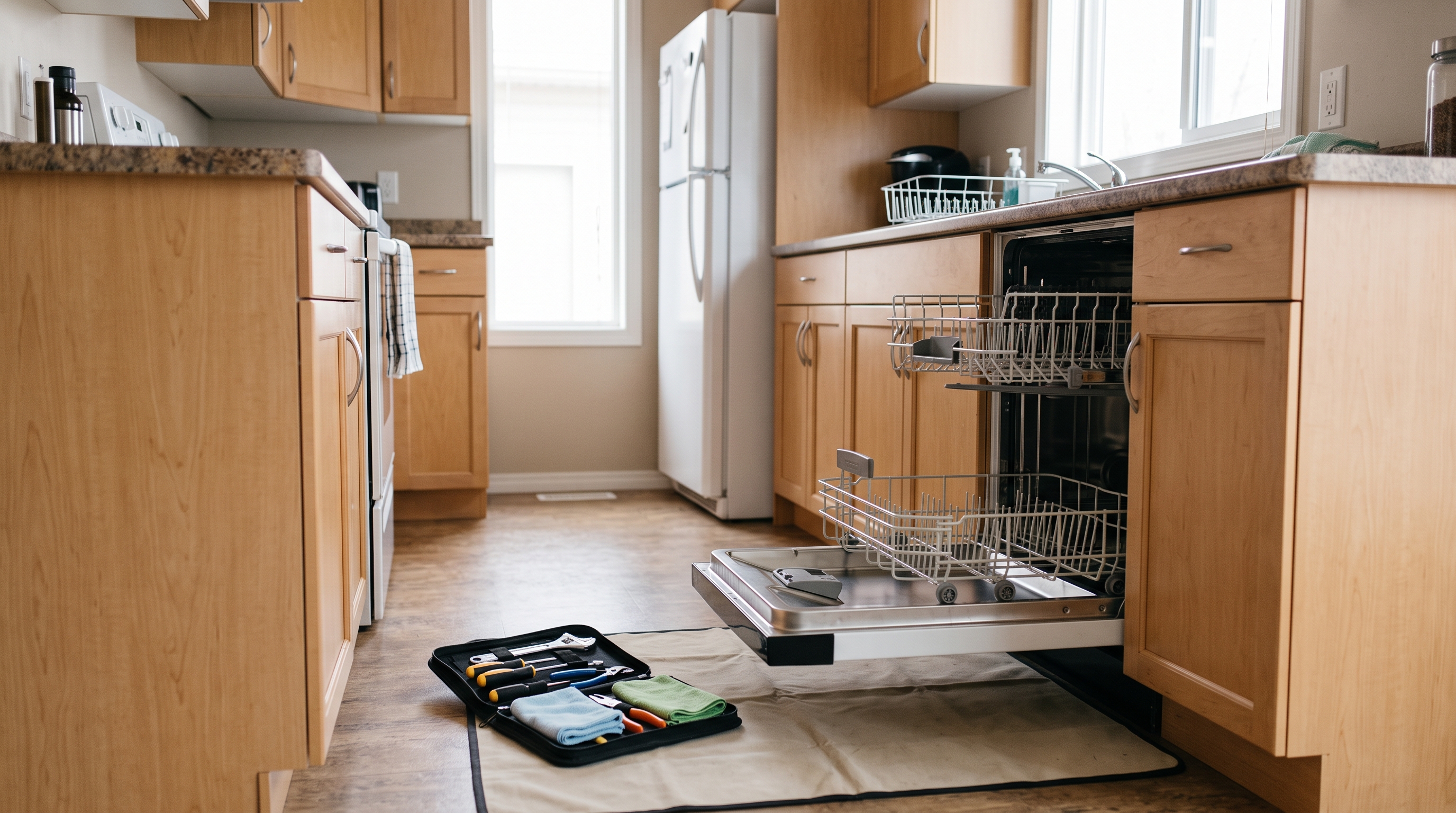 Dishwasher and refrigerator in a rental kitchen with a service toolkit beside the dishwasher.